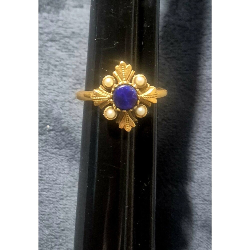 Vintage Avon Viennese Collection Ring Faux Lapis Blue Pearl Gold Tone 1976 Sz 9 - Picture 5 of 6